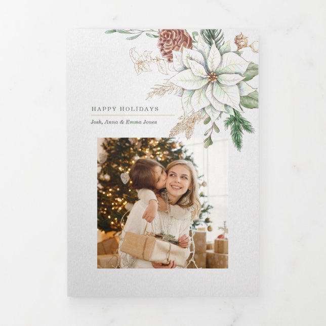 Elegant White Poinsettia and Pine Photo Tri-Fold Card (Cover)