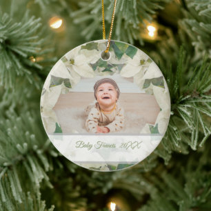 Elegant White Poinsettia Baby Photo Ceramic Ornament