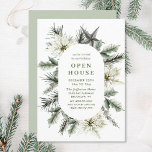 Elegant White Poinsettia Boho Christmas Open House Invitation