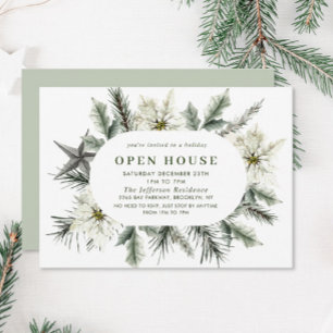 Elegant White Poinsettia Boho Christmas Open House Invitation
