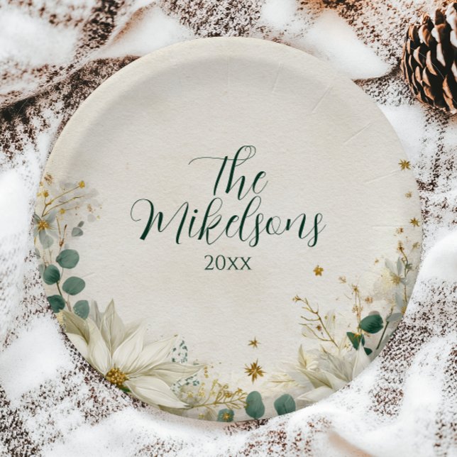 Elegant White Poinsettia Christmas Party Paper Plate (Creator Uploaded)