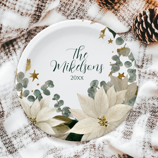Elegant White Poinsettia Christmas Party Paper Plate (Creator Uploaded)