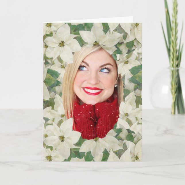 Elegant White Poinsettia Garden Vertical Photo Holiday Card (Front)