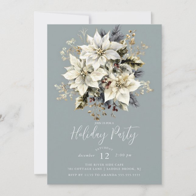 Elegant White Poinsettia Holiday Party Invite (Front)