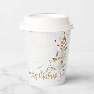 Elegant White Poinsettia Red Berries Gold Glitter Paper Cups