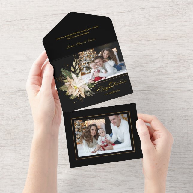 Elegant White Poinsettias w/Gold Greenery Photo All In One Invitation (Tearaway)