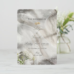 Elegant White Polka Dot Tulle & Gold Rings Wedding Invitation