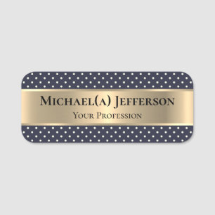 Elegant White Polka Dots Dark Blue And Luxury Gold Name Tag