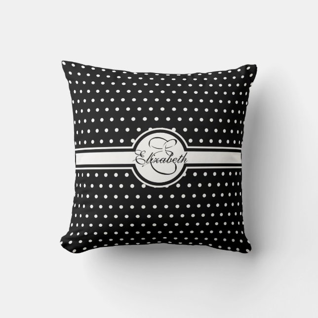 Elegant White Polka Dots on Black Monogram Cushion (Front)