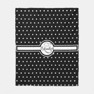 Elegant White Polka Dots on Black Monogram Fleece Blanket
