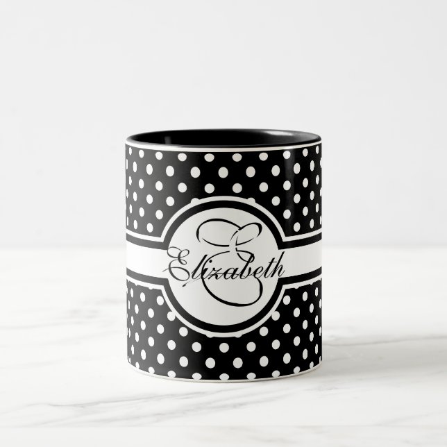 Elegant White Polka Dots on Black Monogram Two-Tone Coffee Mug (Center)