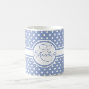 Elegant White Polka Dots on Blue Monogram Coffee Mug