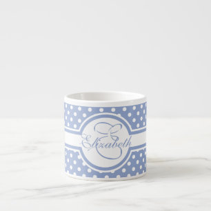 Elegant White Polka Dots on Blue Monogram Espresso Cup