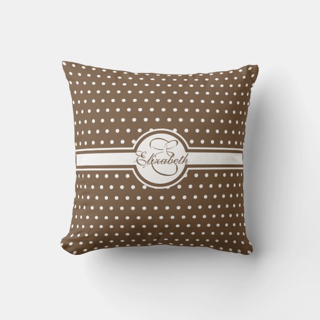 Elegant White Polka Dots on Brown Monogram Cushion (Front)