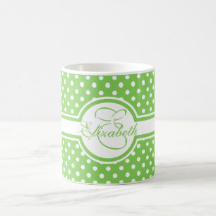 Elegant White Polka Dots on Green Monogram Coffee Mug