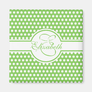 Elegant White Polka Dots on Green Monogram Magnet