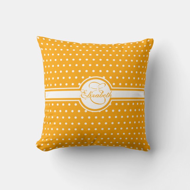 Elegant White Polka Dots on Orange Monogram Cushion (Front)