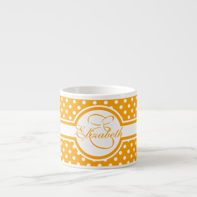 Elegant White Polka Dots on Orange Monogram Espresso Cup (Front)