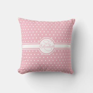 Elegant White Polka Dots on Pink Monogram Cushion