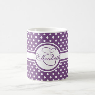 Elegant White Polka Dots on Purple Monogram Coffee Mug