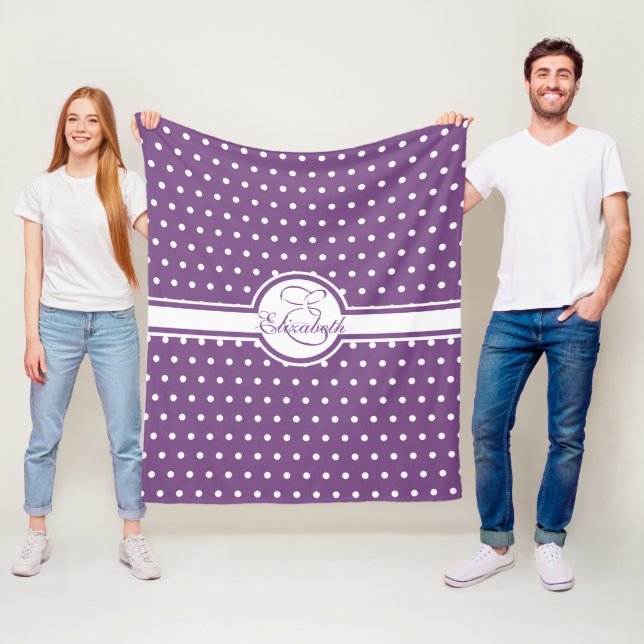 Elegant White Polka Dots on Purple Monogram Fleece Blanket (In Situ)