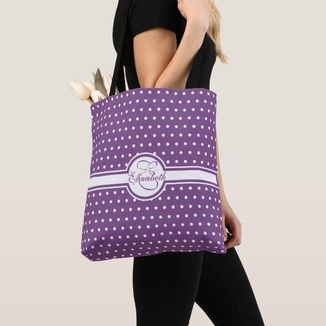 Elegant White Polka Dots on Purple Monogram Tote Bag (Close Up)