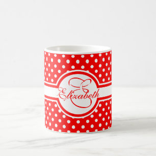 Elegant White Polka Dots on Red Monogram Coffee Mug