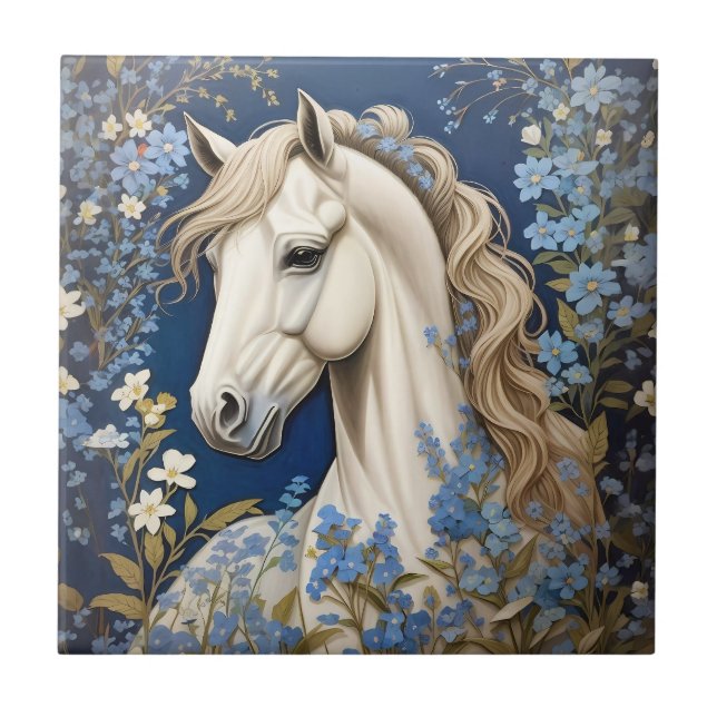 Elegant White Pony And Forget-Me-Nots Ceramic Tile (Front)