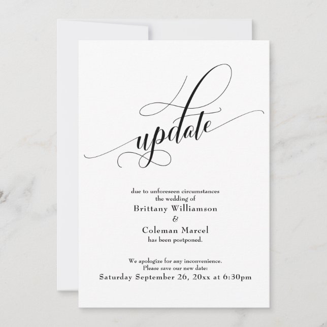 Elegant White Postponed Wedding Update Card (Front)