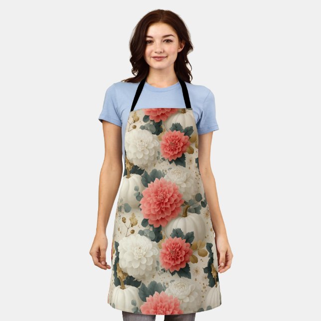 Elegant White Pumpkin and Dahlia Fall Design Apron (Worn)