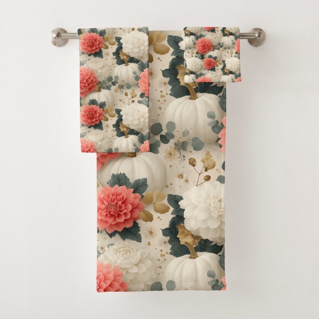 Elegant White Pumpkin and Dahlia Fall Design Bath Towel Set (Insitu)