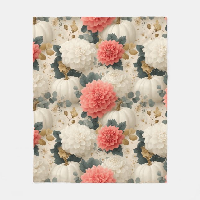 Elegant White Pumpkin and Dahlia Fall Design Fleece Blanket (Front)