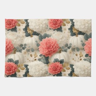 Elegant White Pumpkin and Dahlia Fall Design Tea Towel