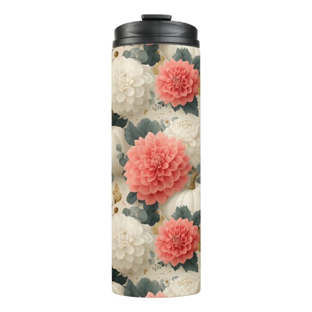 Elegant White Pumpkin and Dahlia Fall Design Thermal Tumbler (Front)