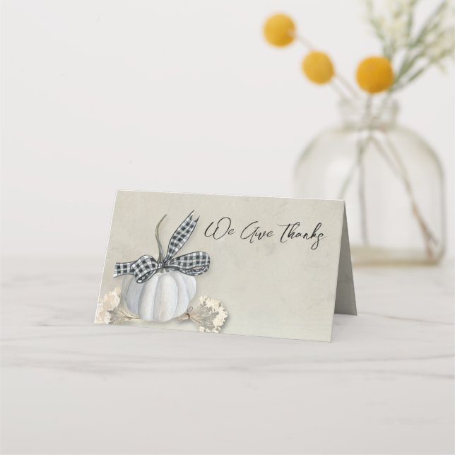 Elegant White Pumpkin Fall Thanksgiving Place Card (Front)