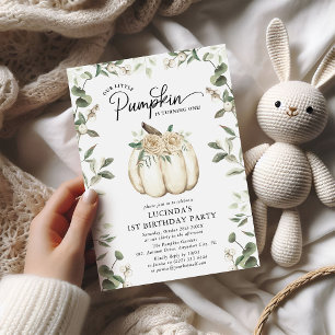 Elegant White Pumpkin & Greenery 1st Birthday Invitation
