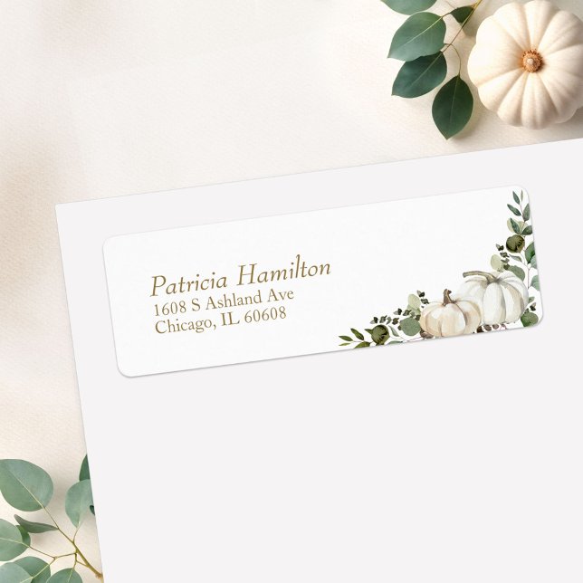 Elegant White Pumpkin Greenery Fall Wedding Return Address Label (Creator Uploaded)