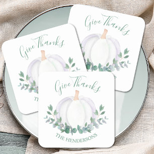 Elegant White Pumpkin Thanksgiving Square Paper Coaster