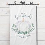 Elegant White Pumpkin Thanksgiving Tea Towel<br><div class="desc">This stylish Thanksgiving kitchen towel is decorated with a watercolor white pumpkin and eucalyptus in soft shades of green.
It says "Give Thanks" in stylish script typography.
Easily customisable.
Makes a great hostess gift.
Original Watercolor © Michele Davies.</div>