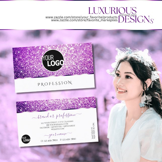 Elegant White Purple Glitter Spark Stars add Logo Business Card (Creator Uploaded)