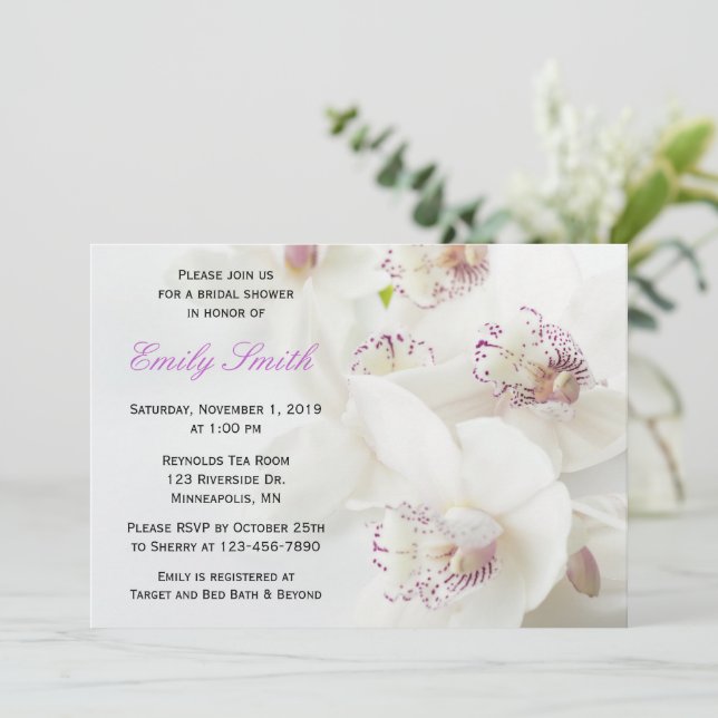 Elegant White & Purple Orchids Bridal Shower Invitation (Standing Front)