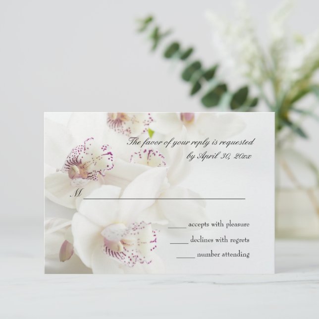 Elegant White & Purple Orchids Wedding RSVP Card (Standing Front)