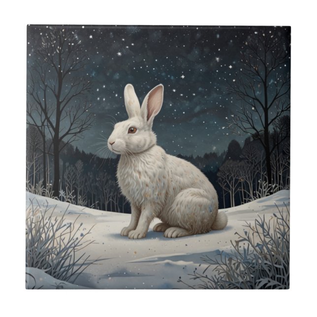 Elegant white rabbit Christmas snowy woodland  Ceramic Tile (Front)