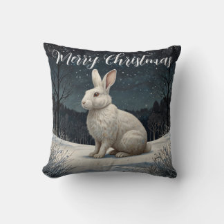 Elegant white rabbit Christmas snowy woodland Cushion