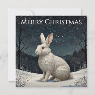 Elegant white rabbit Christmas snowy woodland  Holiday Card