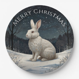 Elegant white rabbit Christmas snowy woodland  Paper Plate