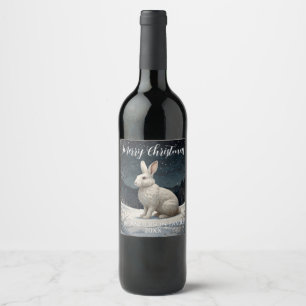 Elegant white rabbit Christmas snowy woodland  Wine Label