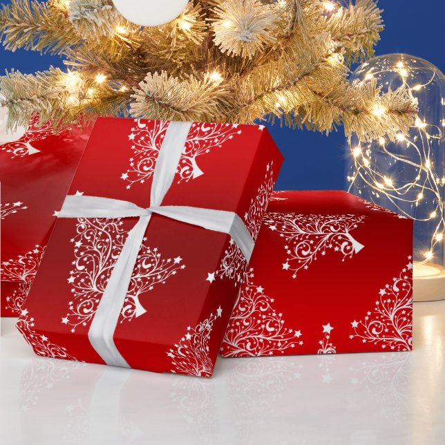 Elegant White & Red Christmas Tree Pattern Wrapping Paper (Holidays)