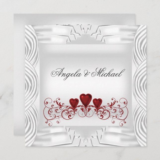 Elegant White Red Hearts Wedding Invitation (Front/Back)