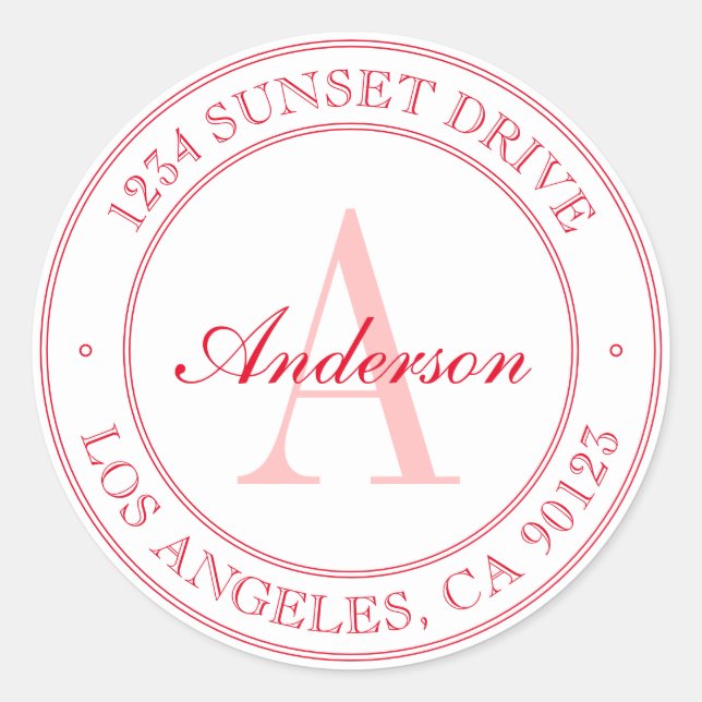 Elegant White & Red Monogram Classic Round Sticker (Front)